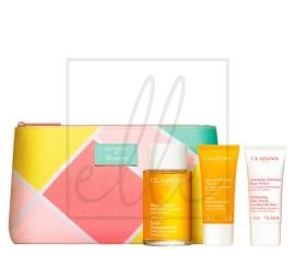 Clarins tonique collection gift set (huile tonic - 100ml + tonic bath & shower - 30ml + exfoliating body scrub - 30ml)